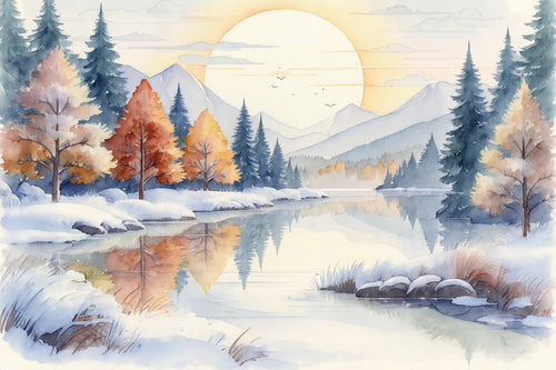 The First Snow watercolor landscape print: a glowing sun over a snowy lake with orange autumn trees, evergreens and mountains reflected in the water