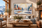 The First Snow watercolor landscape print hanging on the wall of a styled living room