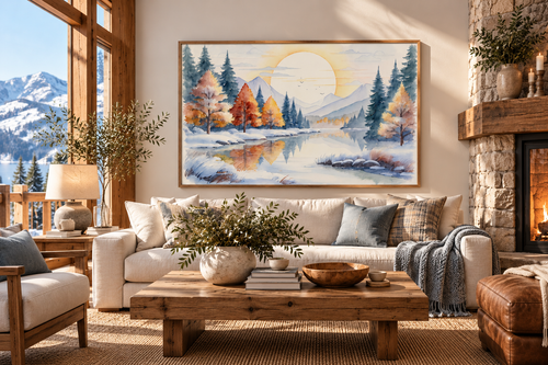 The First Snow watercolor landscape print hanging on the wall of a styled living room